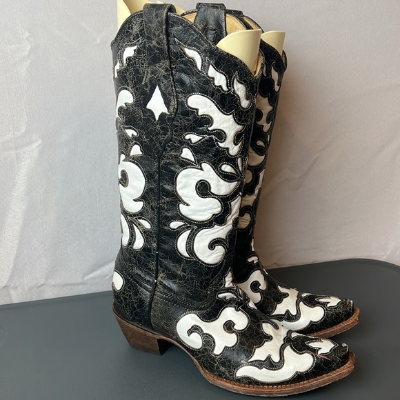 Corral Vintage Black Beetle and White Laser Inlay Western Boots A1965 Size 7M - Picture 2 of 12